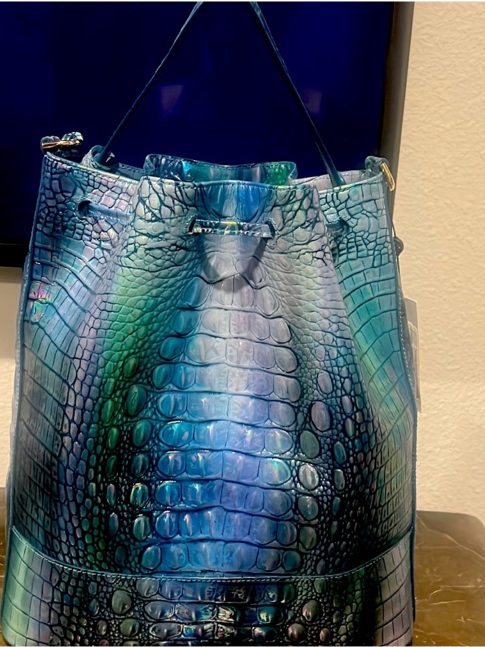 BRAHMIN MARLOWE BLUE TOPAZ CROCO EMBS LEATHER BUCKET SHOULDER BAG - Picture 2 of 9